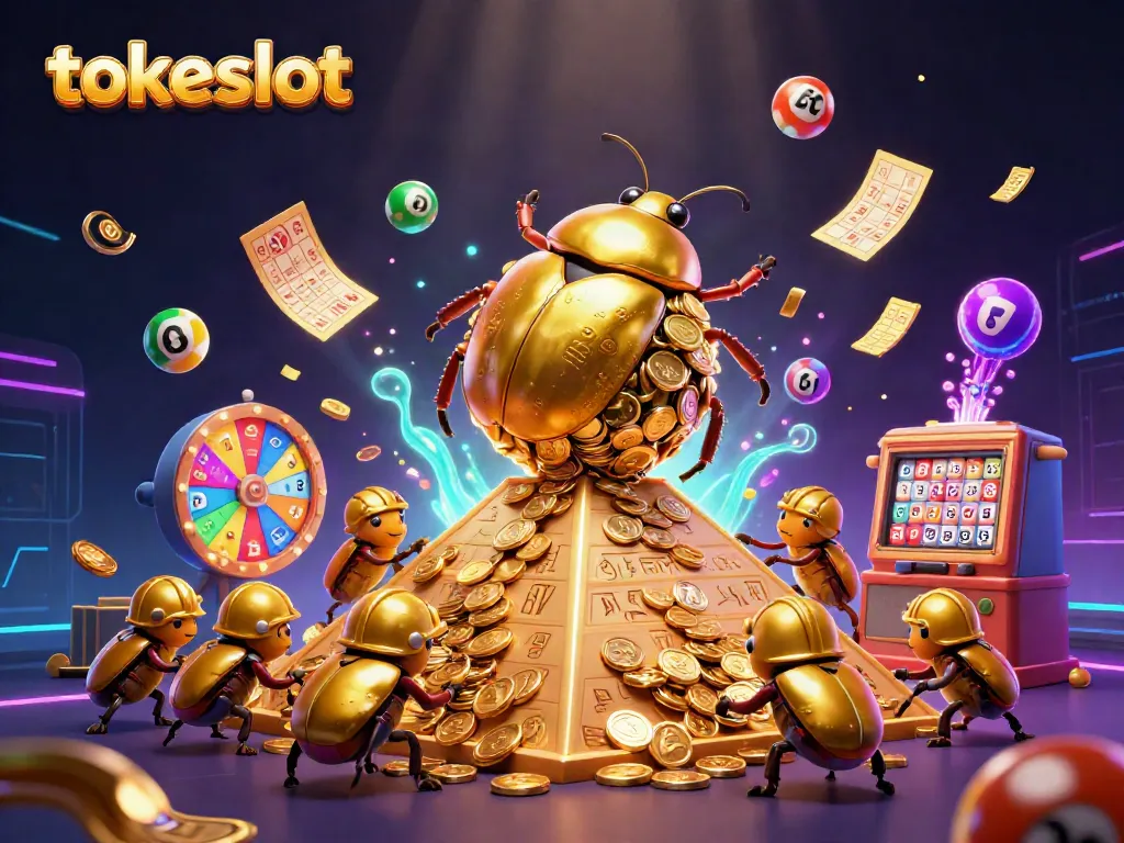 Spin to win with tokeslot - A vibrant illustration of a golden beetle amidst casino symbols and lottery elements.