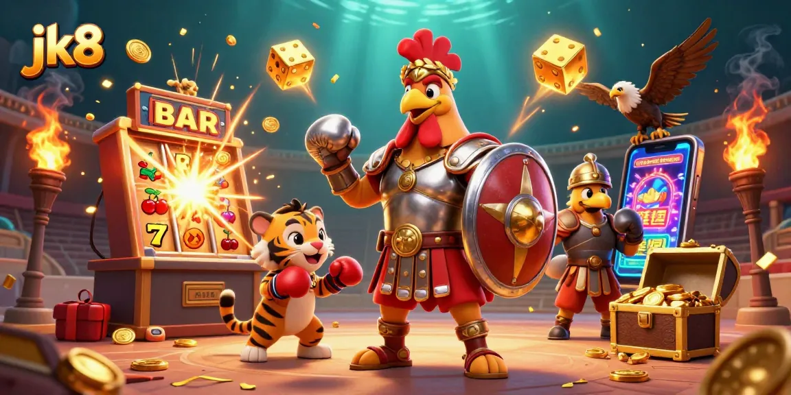 Experience jk8 thrills with a lively casino scene featuring a gladiator rooster, tiger cub, and gold coins.