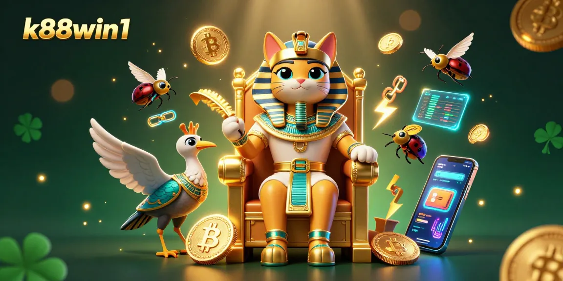 Engage with k88win1's vibrant online gaming world, surrounded by dynamic crypto elements and iconic gaming symbols.