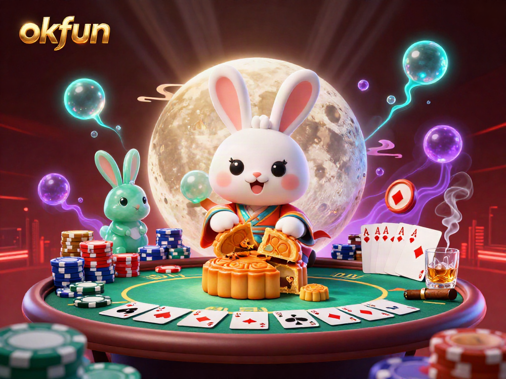 Engage with okfun's dynamic illustration showcasing a moon rabbit and poker chips on the lunar surface.