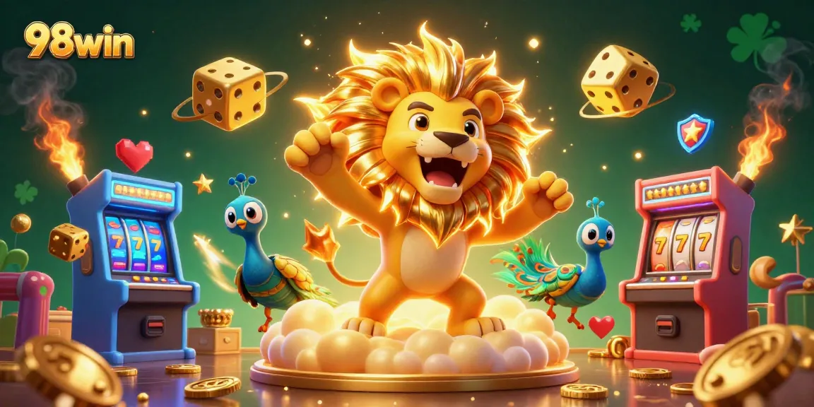 Engage with 98win's thrilling gaming environment featuring the majestic sun lion amidst casino excitement.