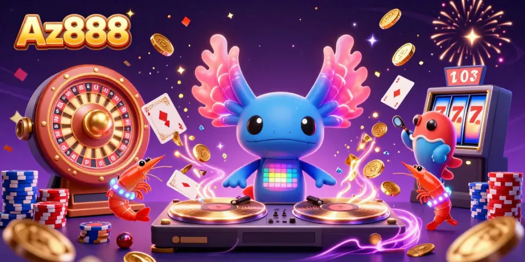 Experience thrilling fun at Az888 with vibrant casino characters, golden coins, and electrifying energy.