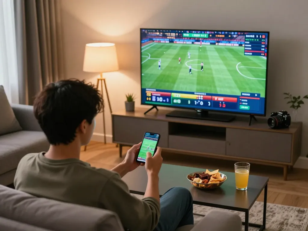 sun win gamer using smartphone for sports betting in cozy home setting
