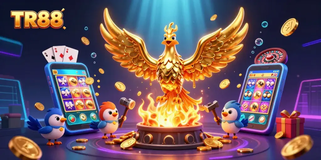 Engaging TR88 slots action featuring a phoenix and casino elements immersed in gold.