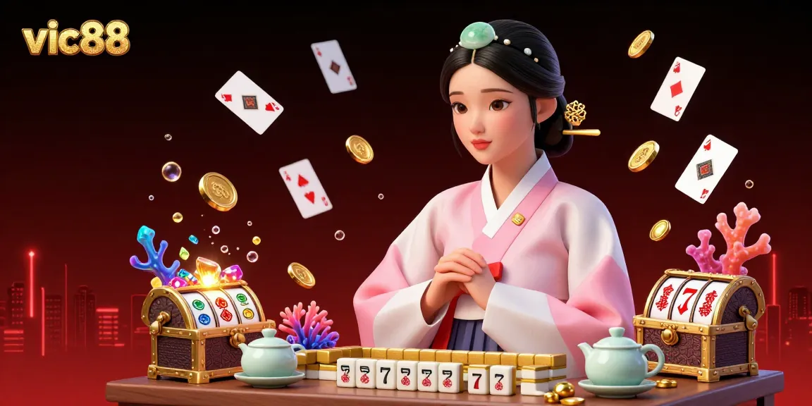 Experience the vibrant world of vic88 with an elegant scene, showcasing casino excitement and dynamic game elements