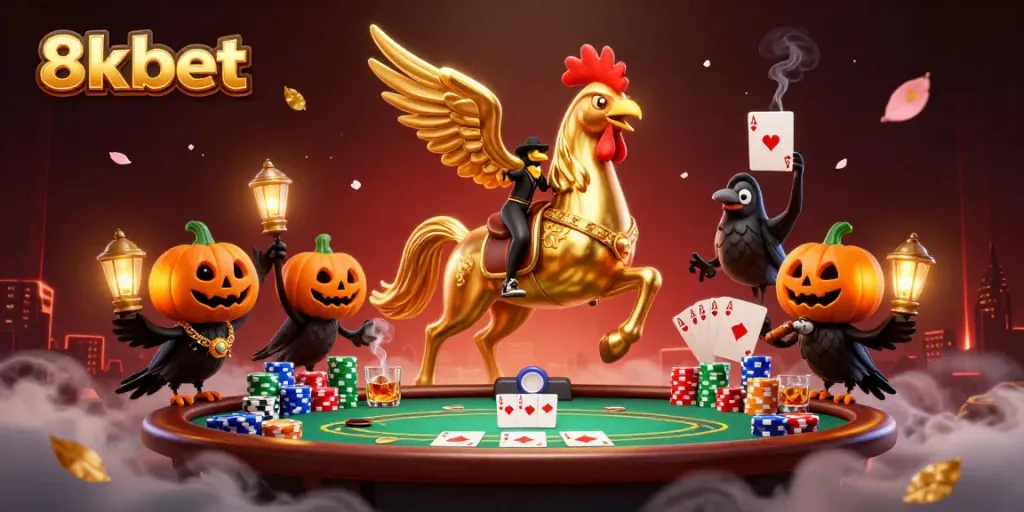 8xbet showcases a golden rooster headless horseman amidst a vibrant casino scene filled with poker elements.