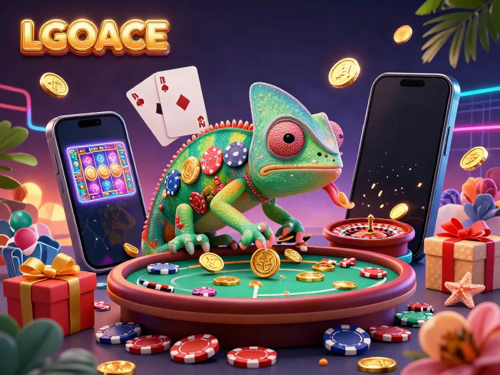 LGOACE chameleon casino owner capturing golden coins amidst a vibrant gambling scene.