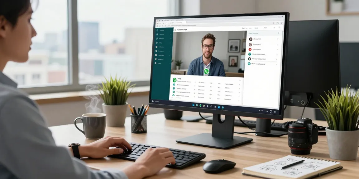 User engaging with WhatsApp電腦版 on a large monitor in a modern workspace.
