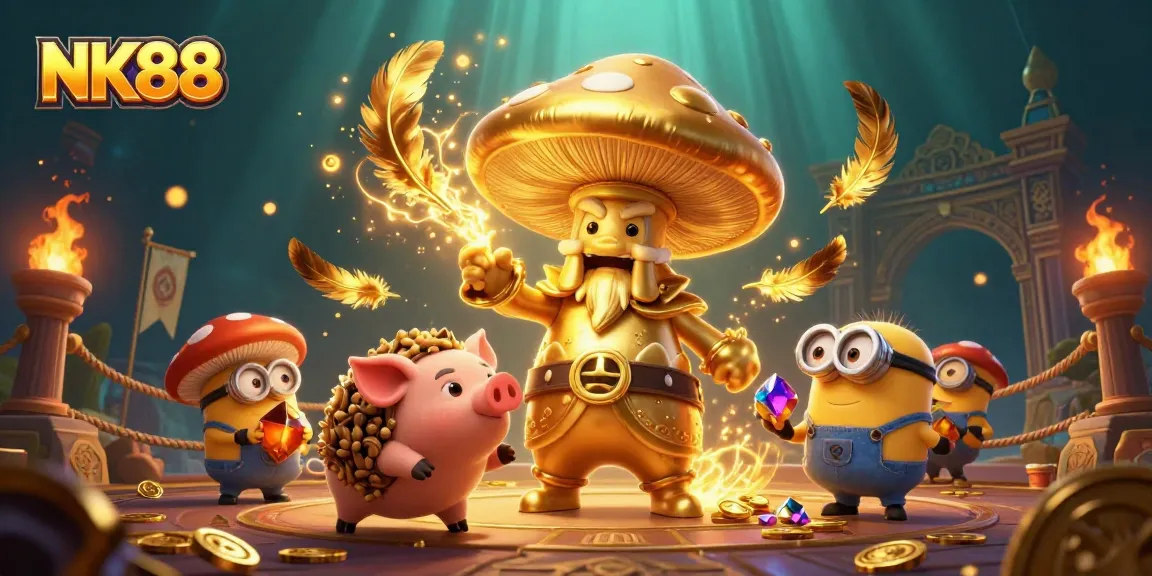 Play thrilling games at NK88 with a wizard turning treasures to gold amidst dynamic casino elements.