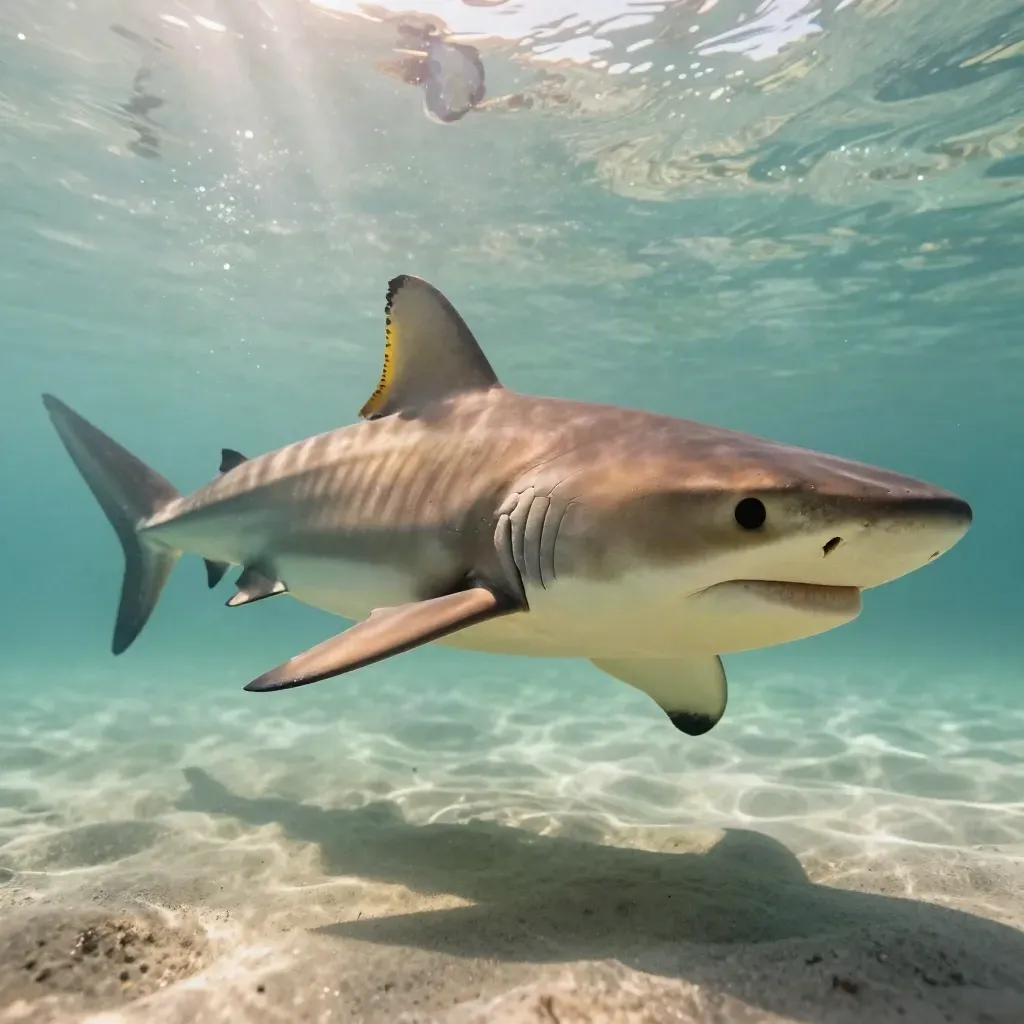 Adult lemon shark banking in green water, close and scarred, with bright surface bloom.