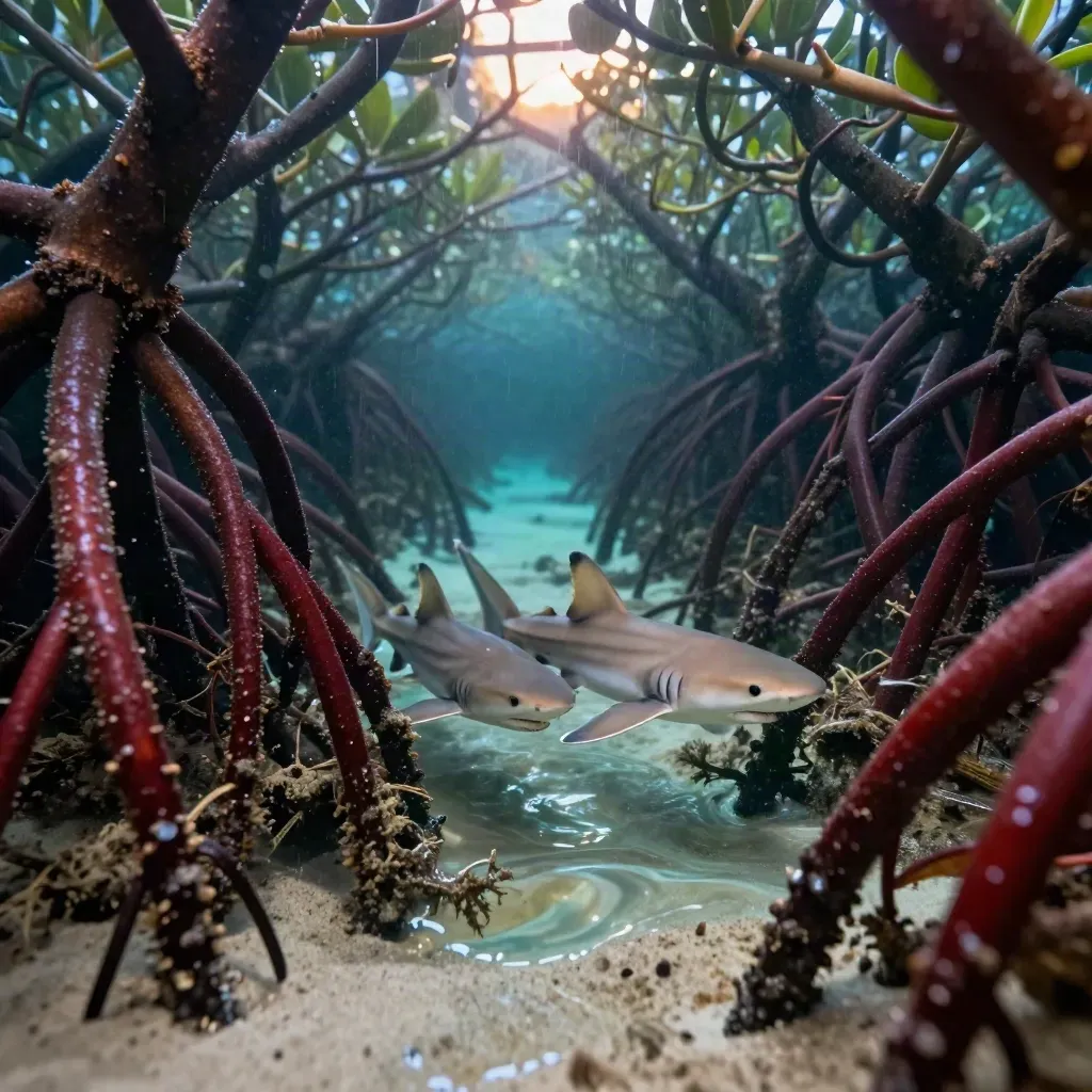 Two lemon shark pups weave through mangrove roots at blue hour after rain.