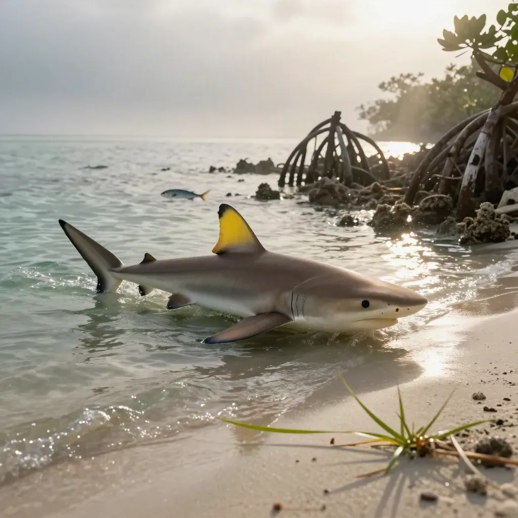 Lemon shark banking through a misty mangrove lagoon at dawn with seagrass and baitfish.