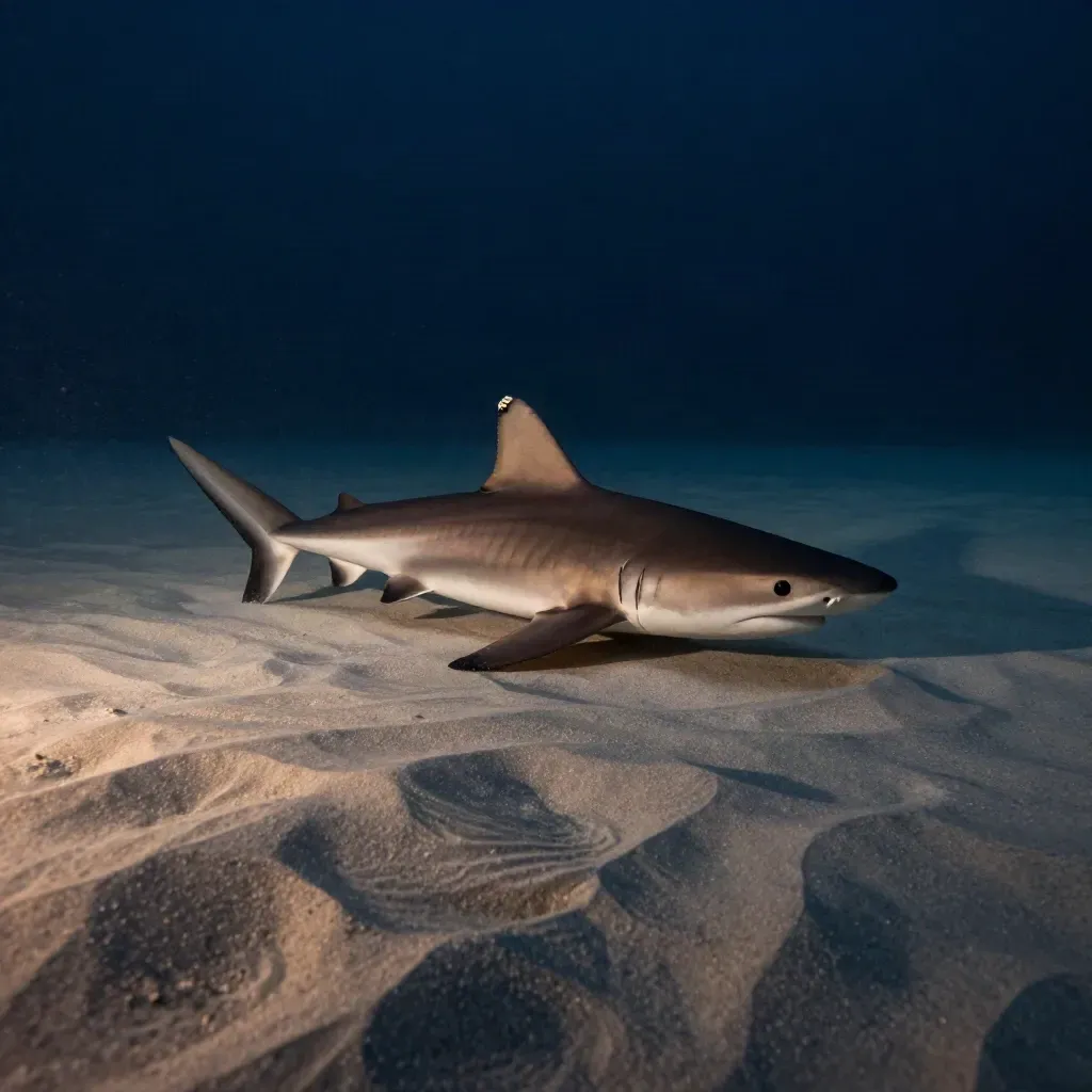 Tagged lemon shark gliding off a lit sand flat at night