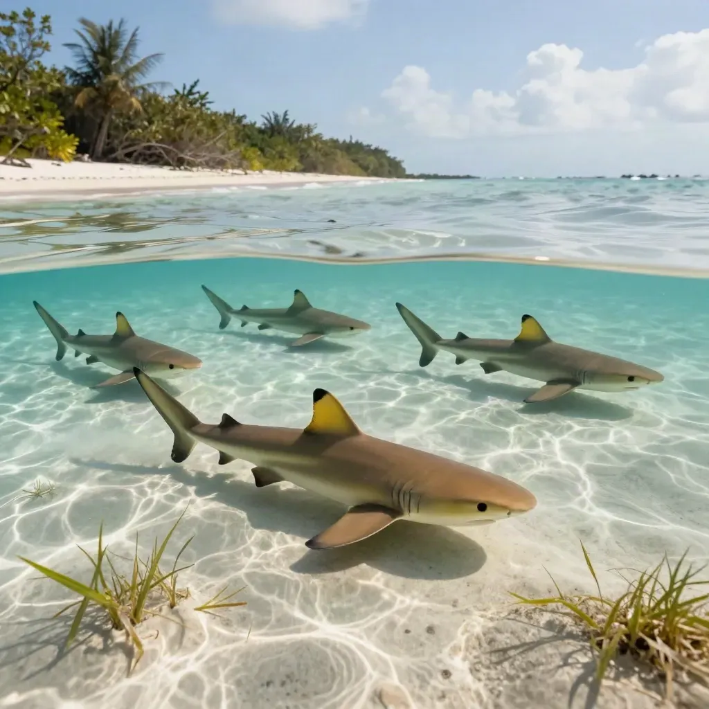 Juvenile lemon sharks spread across a shallow Florida Keys nursery bay over grass and pale sand.