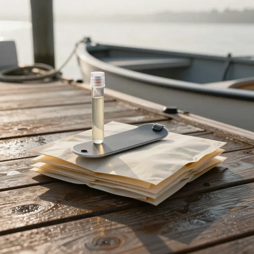 Specimen tube, face-down dive slate, and field packet on a damp dock for a shark handoff.
