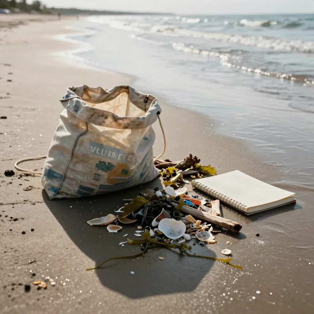 Beach cleanup items on damp sand at low tide: bag, line, sorted debris, and logbook.