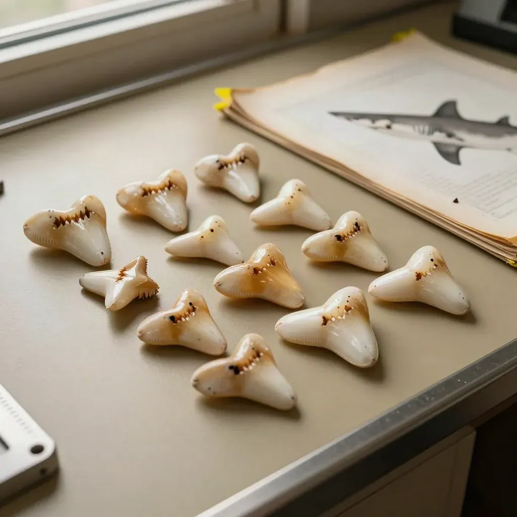 Shark teeth aligned beside a face-down reference sheet on a warm lab table.