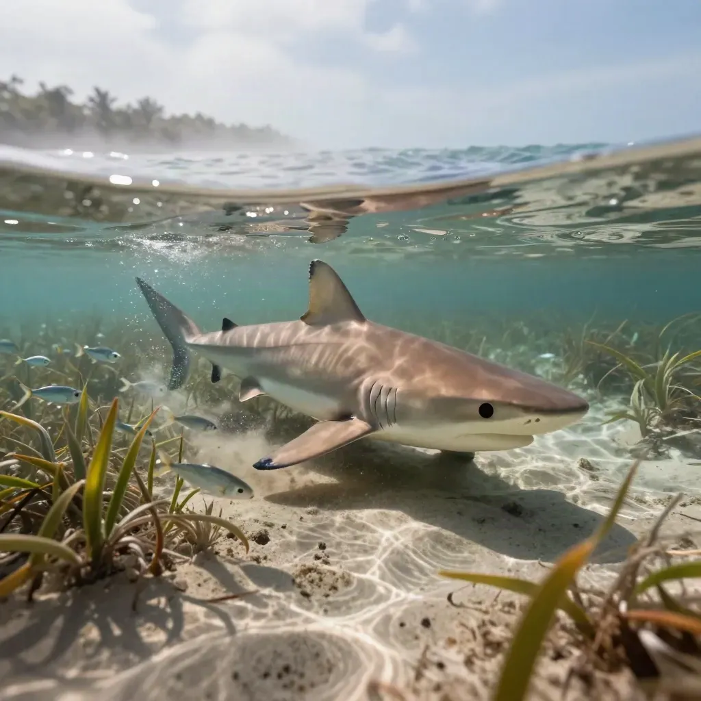 Young lemon shark in Florida Bay turtle grass, split-level waterline at sunrise.