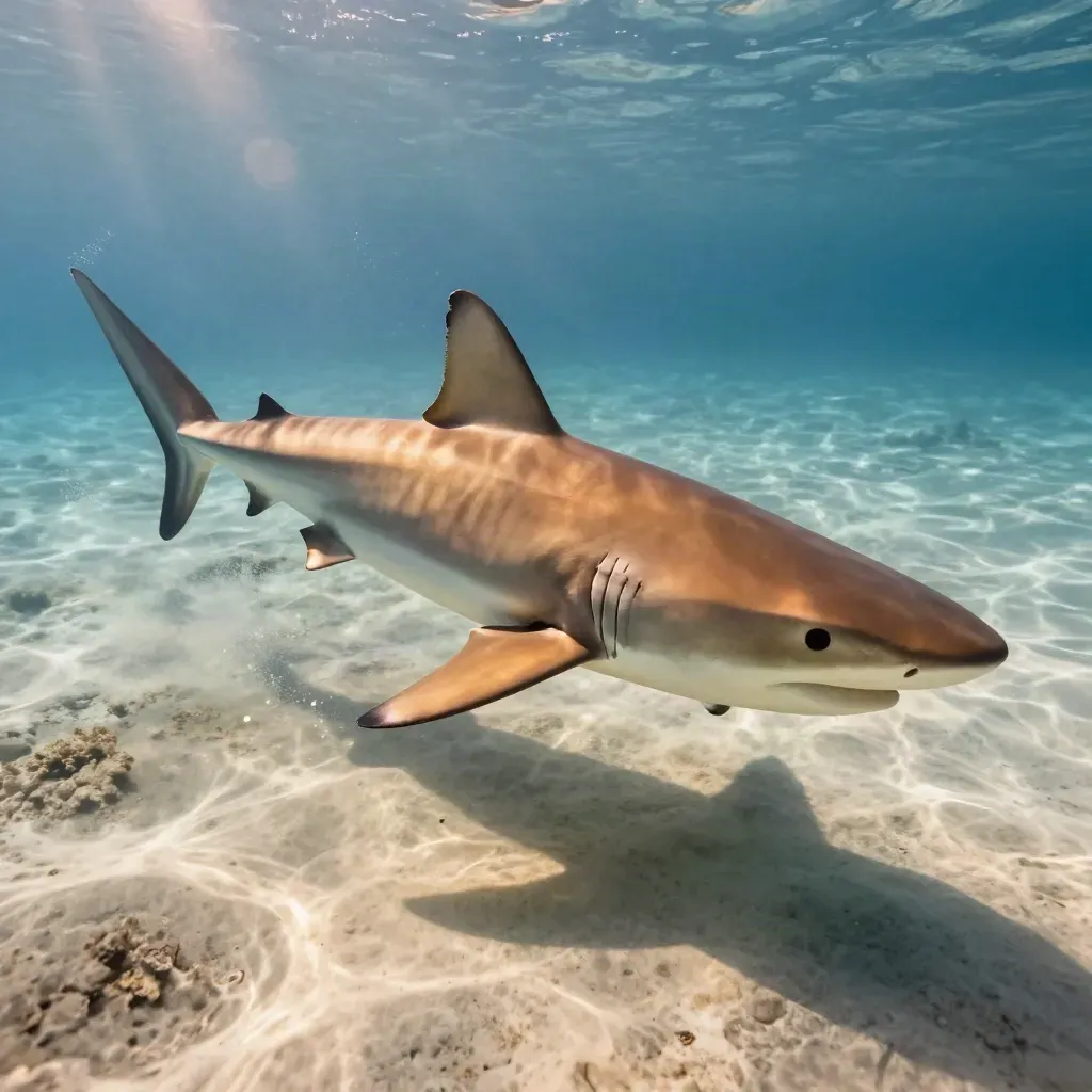 Tagged lemon shark arcs over pale limestone in clear Bahamas water, leaving a thin wake.