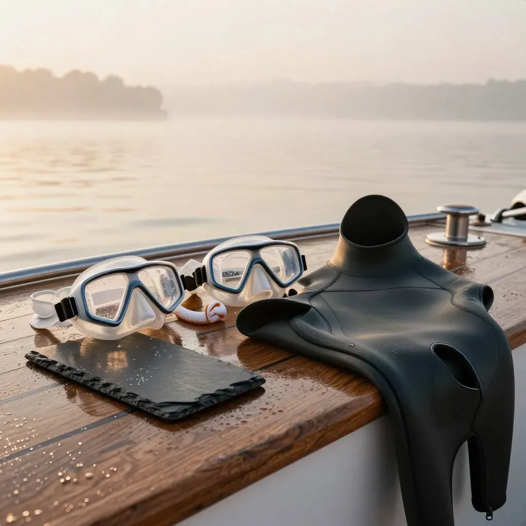 Dive masks, coiled line, slate and wetsuit hood staged on a boat bench at dawn.