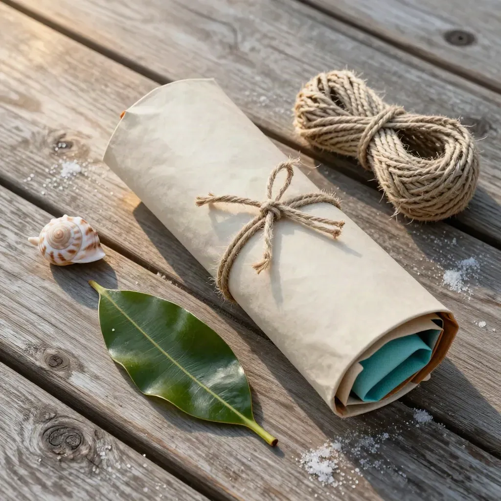 Top-down mangrove map pack tied with twine beside a shell and leaf on a weathered deck