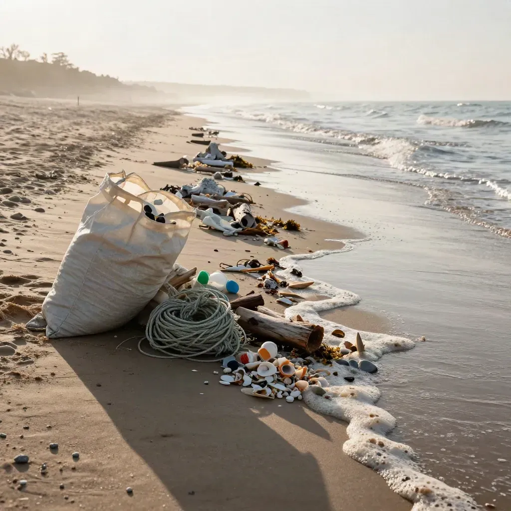 Beach cleanup bags and sorted debris along a freshly cleared misty shoreline at sunrise