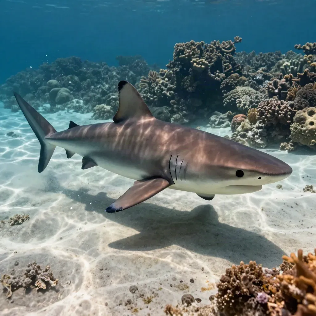 Side-on lemon shark gliding over a reef flat with sparkling bubbles and soft sunlit water.