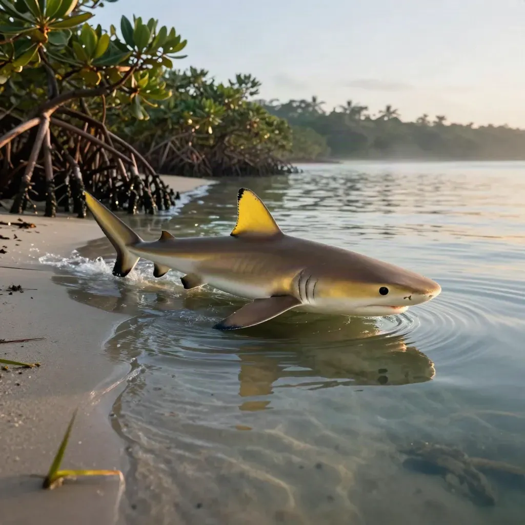 Adult lemon shark gliding from mangroves into open blue at sunrise