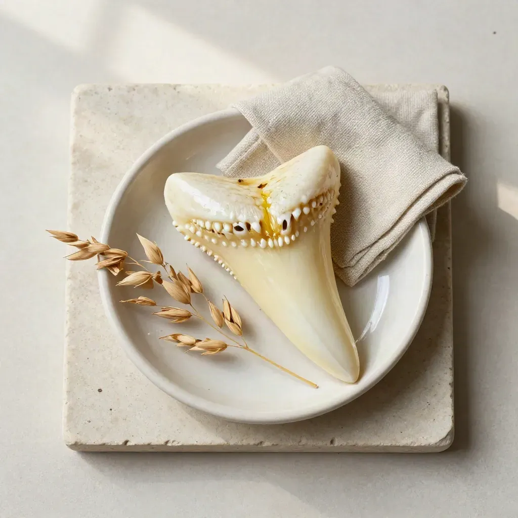 Lemon shark tooth in a ceramic dish with sea oats and folded linen on pale stone