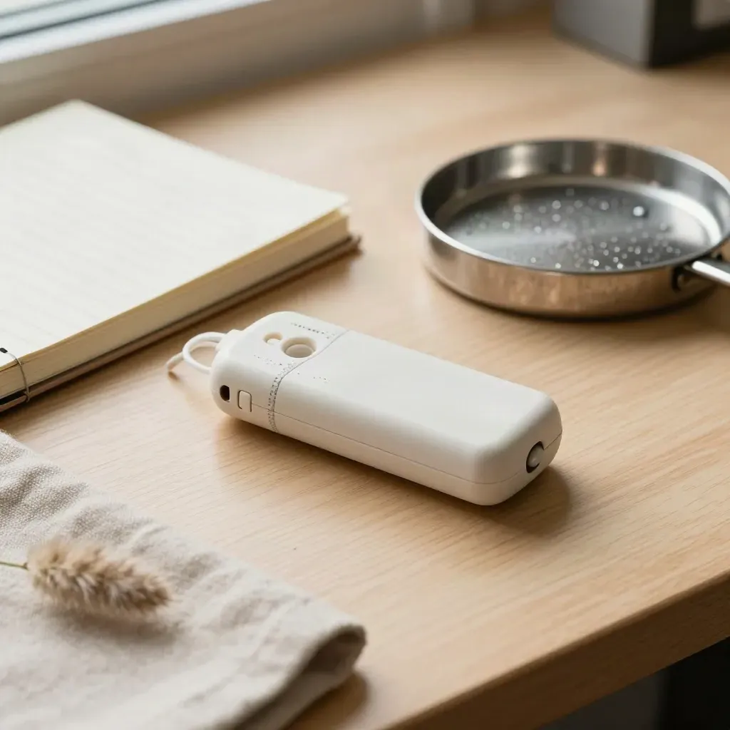 Acoustic tag transmitter beside a field notebook and steel dish on a pale oak bench