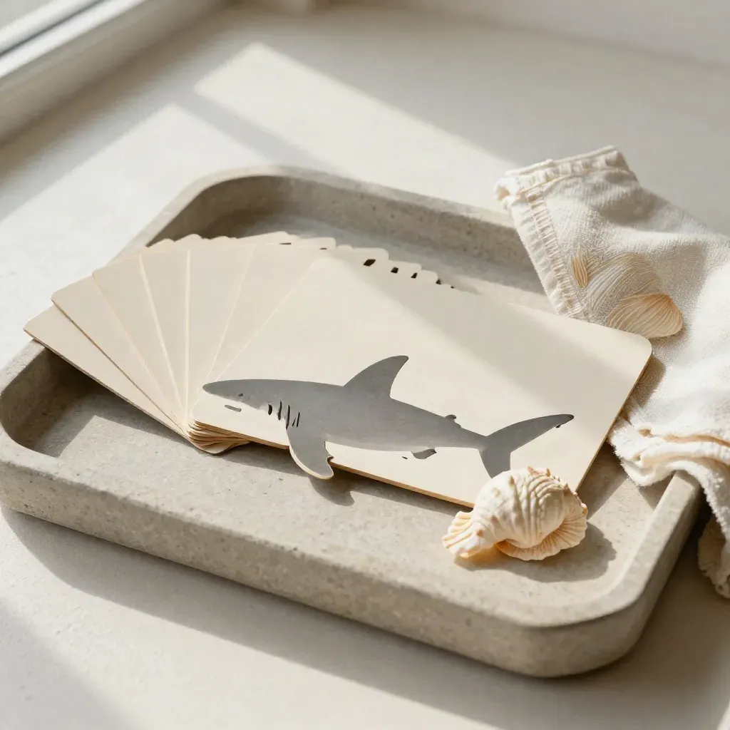 Shark cutout, blank cards, shell, and folded cloth arranged in a school tray on stone.