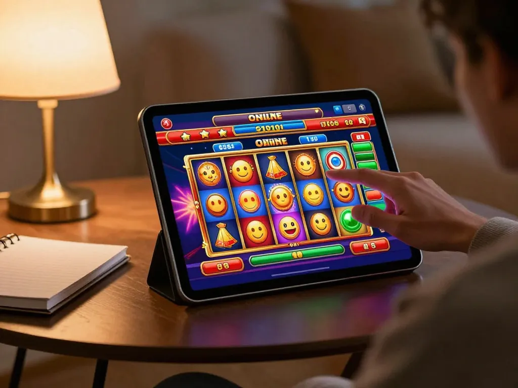 Playing a slot game on a tablet showcasing giới thiệu 8kbet with colorful reels and cozy ambiance.