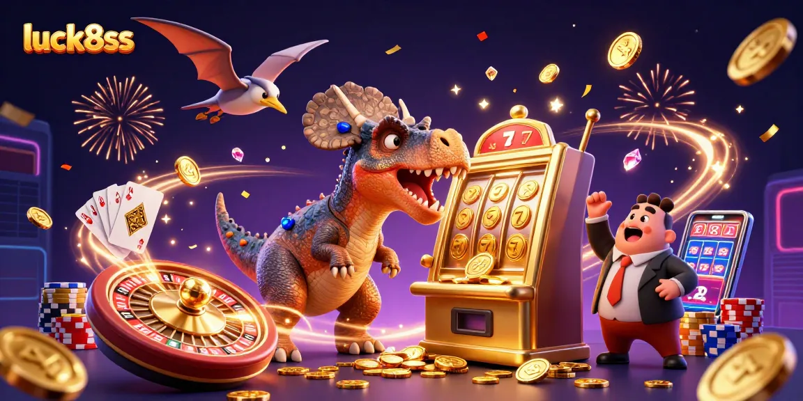 Experience luck8ss as a dinosaur wins jackpots at a vibrant casino with coins flying everywhere!