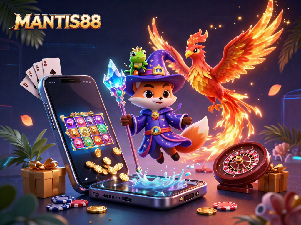 MANTIS88 offers a magical gaming experience with a wizard fox and phoenix in vibrant 3D.