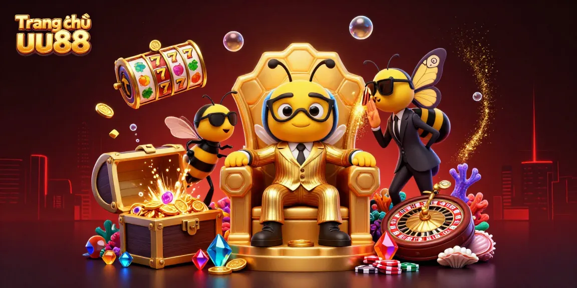 Engage with Trang chủ uu88 in a vibrant 3D casino scene with a bumblebee mob boss and treasures.