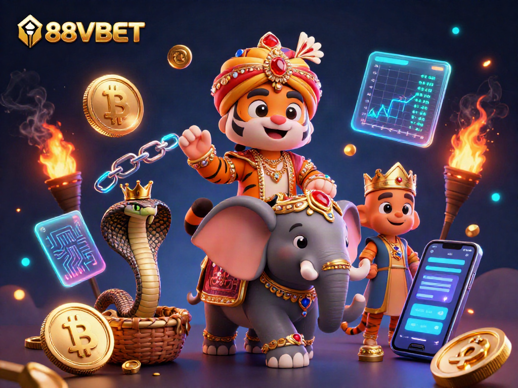 Place your bets with 88VBET in a vibrant 3D scene featuring majestic characters and crypto elements.