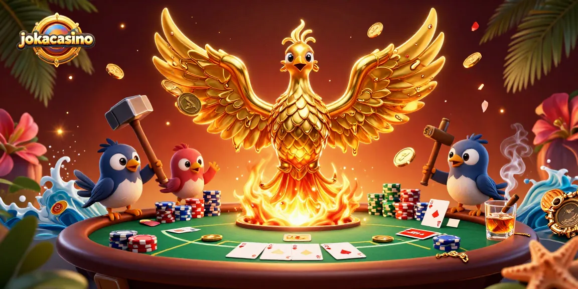 Experience thrilling gameplay with jokacasino's vibrant 3D phoenix illustration in a casino setting.