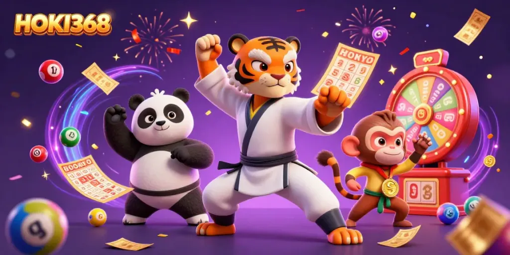 HOKI368 showcases a playful lottery scene with a kung fu tiger master, panda disciple, and monkey stealing a medal.