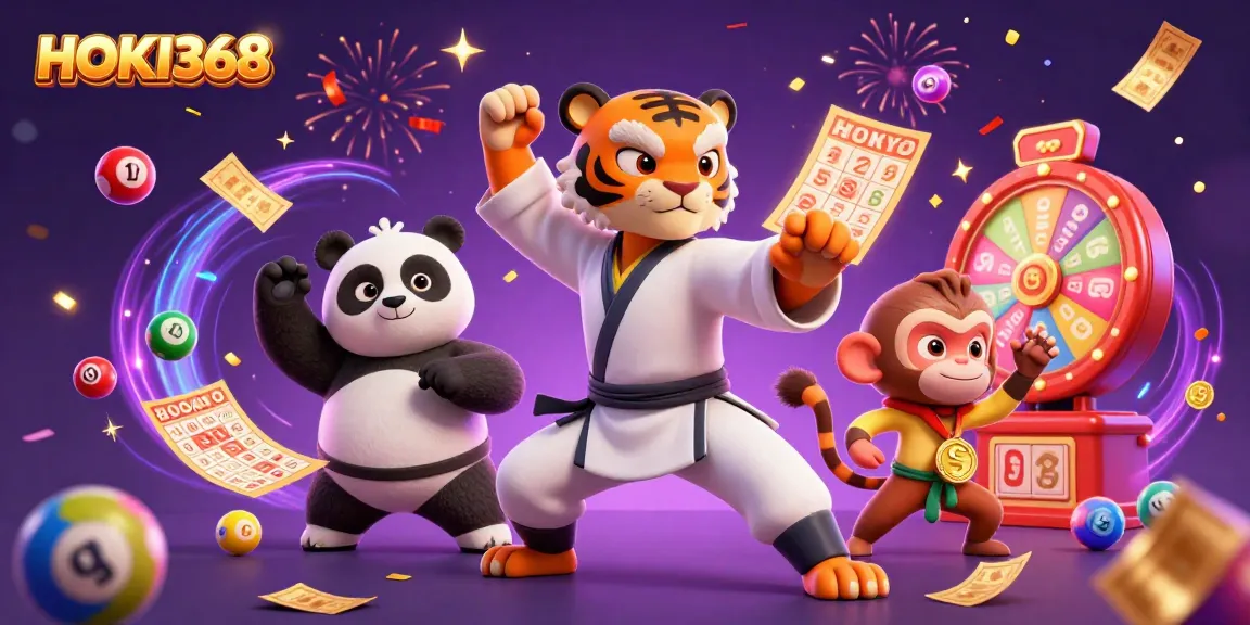 HOKI368 showcases a playful lottery scene with a kung fu tiger master, panda disciple, and monkey stealing a medal.
