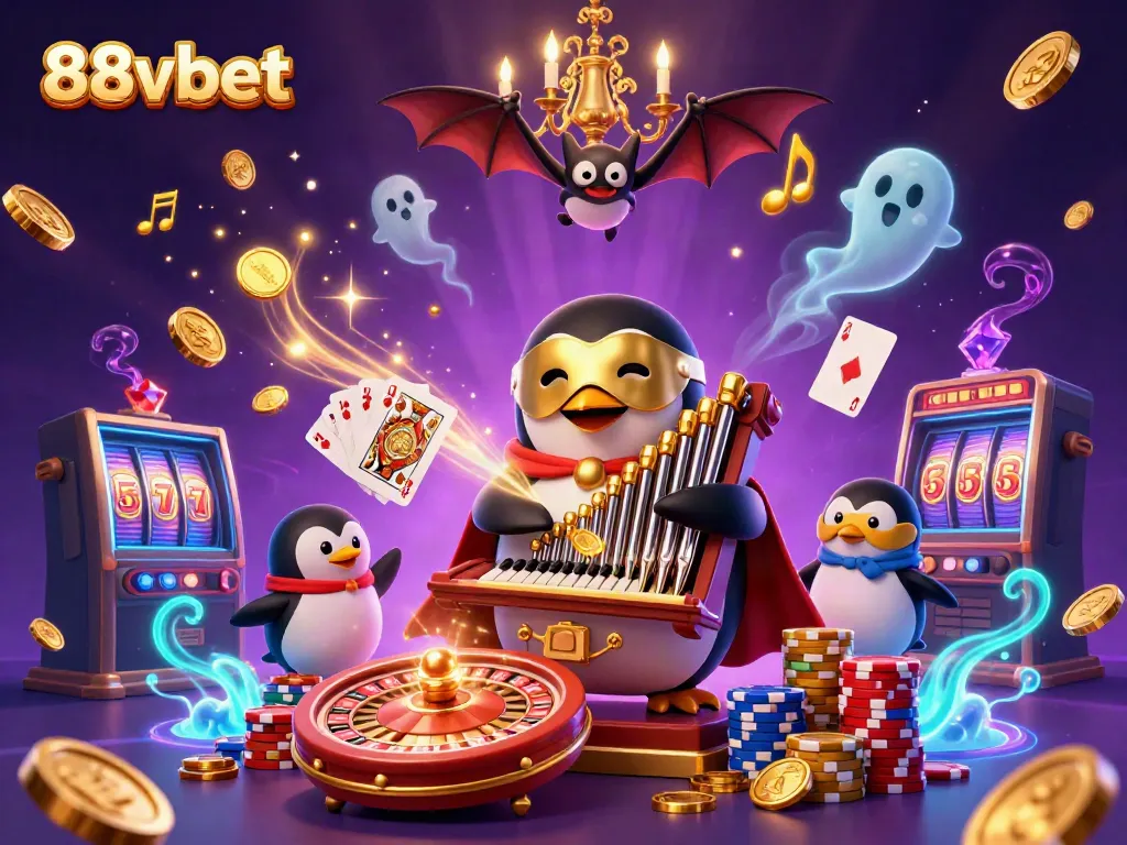 Interact with 88vbet's exciting casino scene featuring a penguin organist amid golden coins and dazzling games.