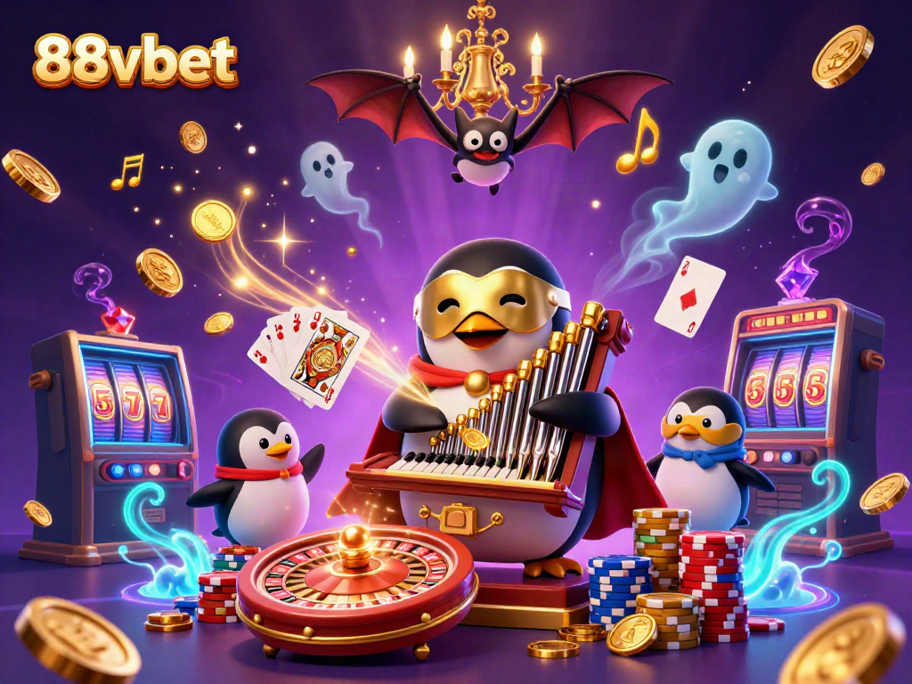 Interact with 88vbet's exciting casino scene featuring a penguin organist amid golden coins and dazzling games.