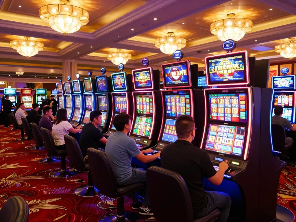 Players enjoying bet kecil 50 slots at a vibrant casino floor with flashing machines and excited atmosphere.