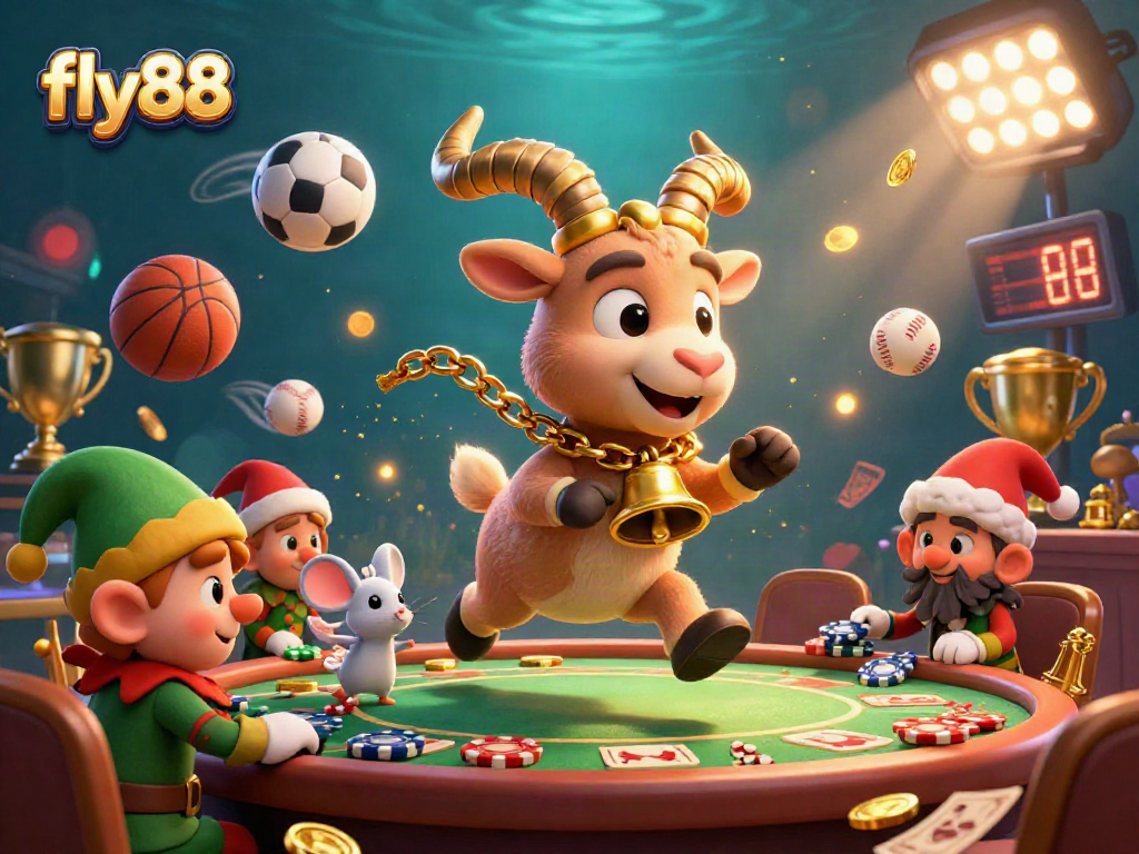 Engage in fly88 casino gaming with Krampus, elf gremlins, and angel mouse in a dynamic festive scene.