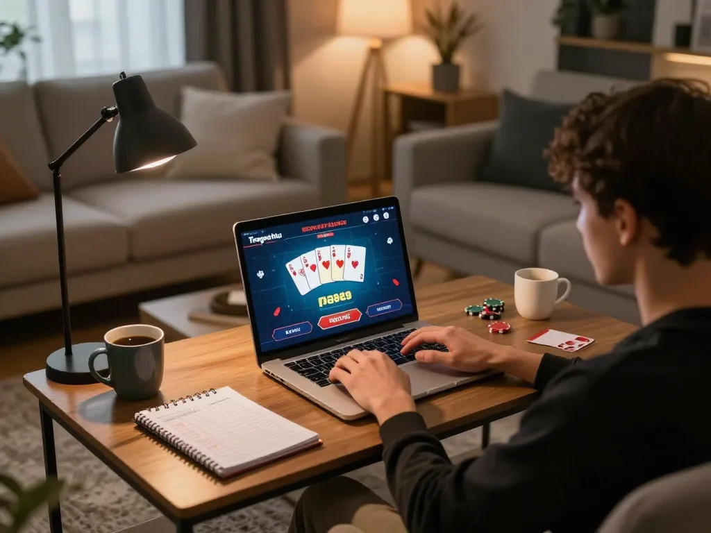 Engaging in poker on Trang chủ Bet88, showcasing a stylish online gaming setup in a cozy home.
