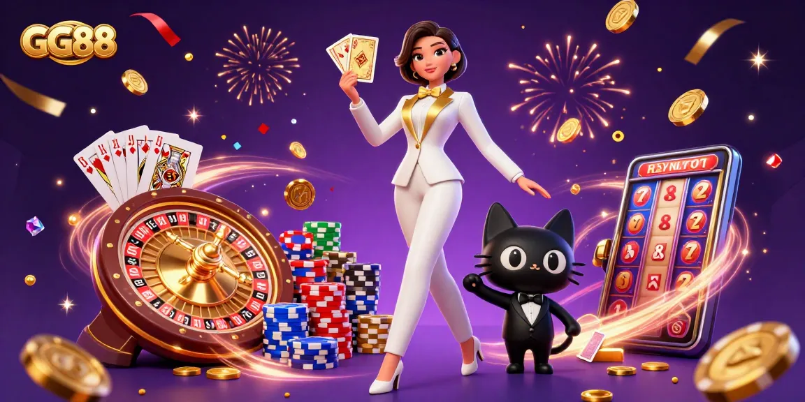 Experience GG88 with a glamorous dealer, golden cards, and vibrant casino elements.