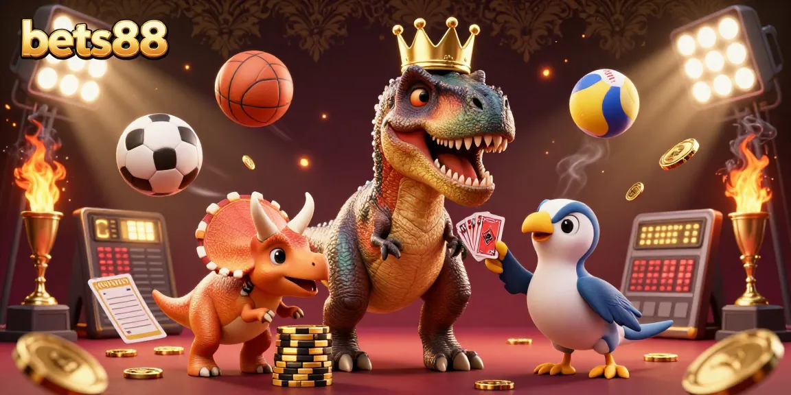 Bets88 showcases a 3D cartoon T-Rex and friends in a vibrant casino atmosphere, shuffling cards and stacking chips.