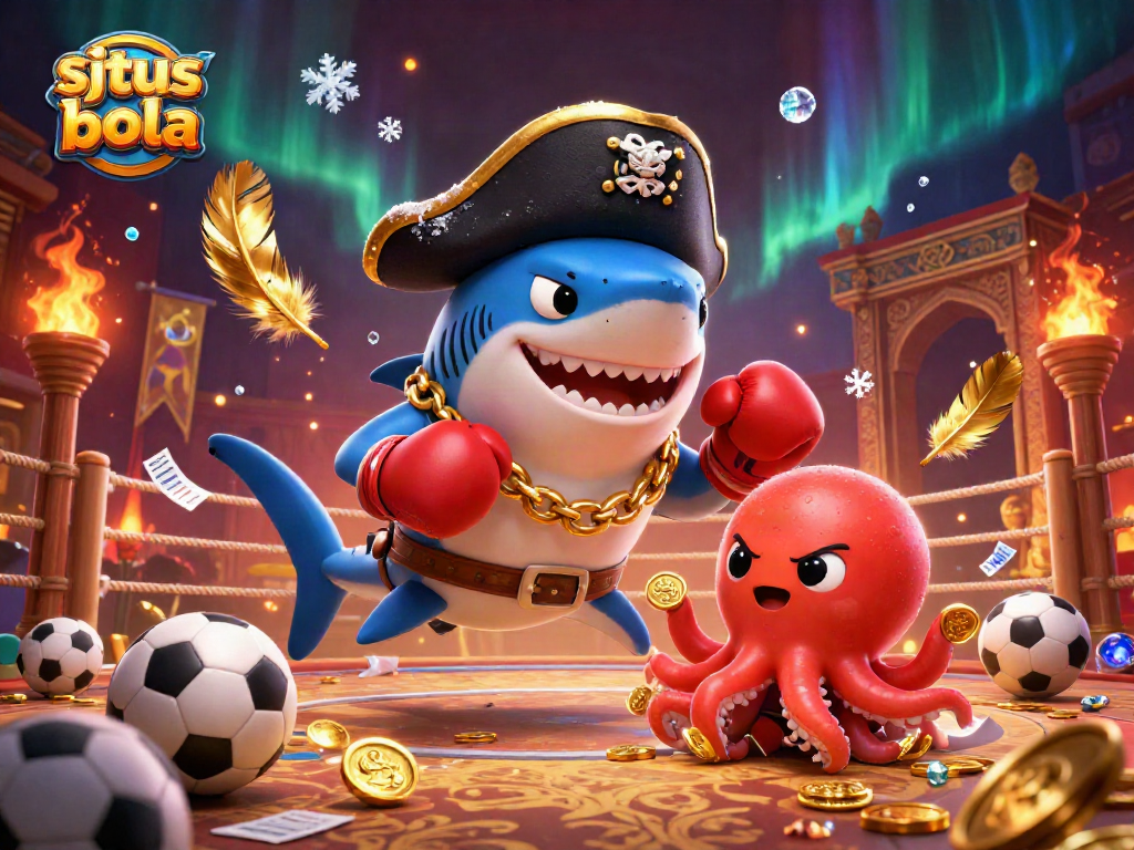 Situs judi bola action-packed illustration featuring a dynamic pirate shark, pufferfish, and octopus in a sports betting arena.