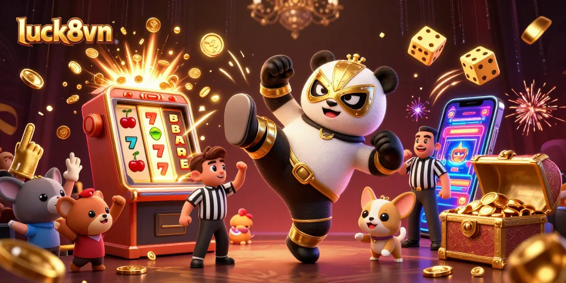 Experience the thrilling jackpot action at luck8vn with a panda wrestler and vibrant casino elements bursting with energy.