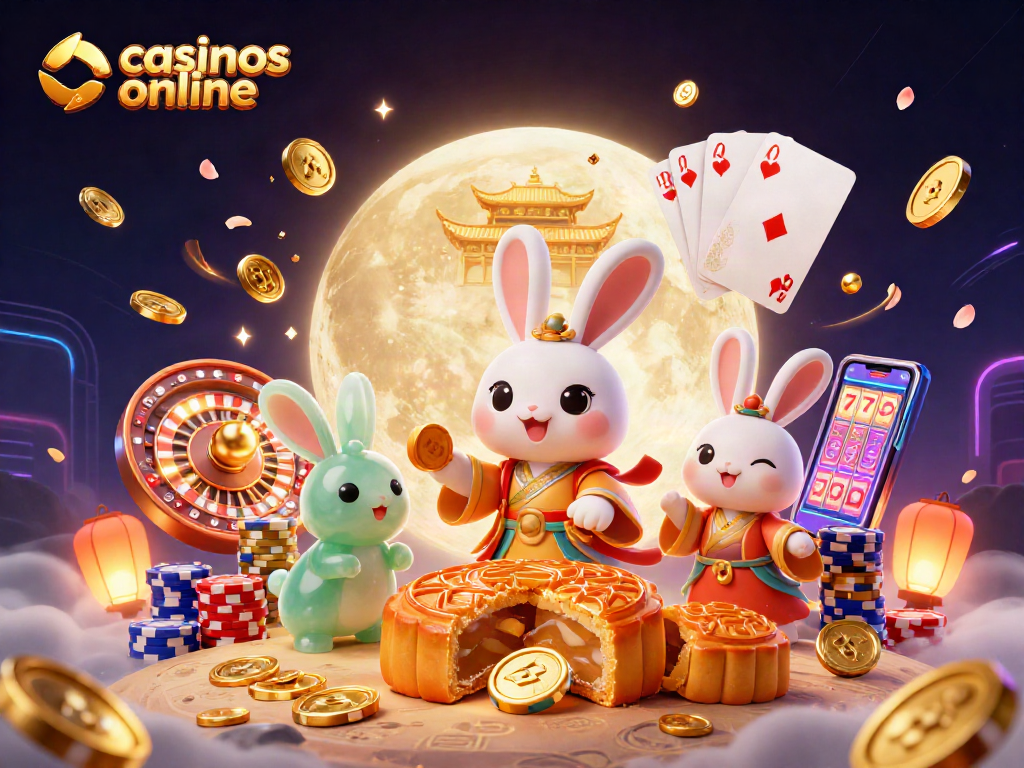 Disfruta de la emoción de los casinos online con conejitos de luna y fichas de póker en un ilustrativo digital.