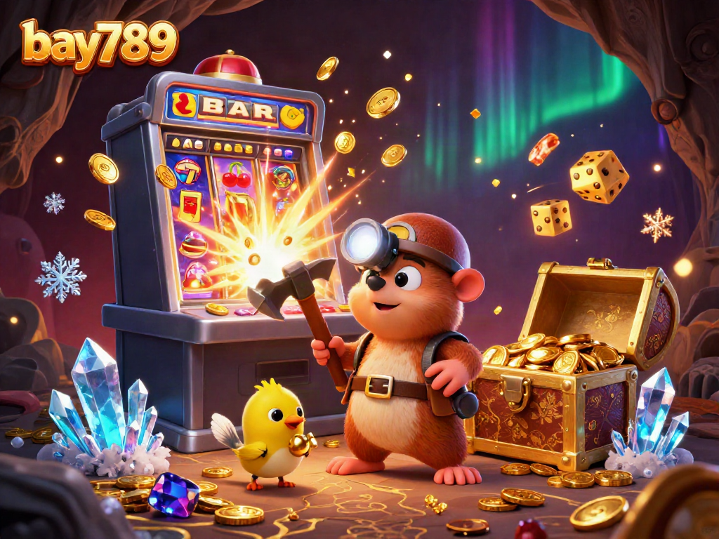 Engage in thrilling gameplay on bay789 with an illustration showcasing exciting slot machines and treasure hunting.